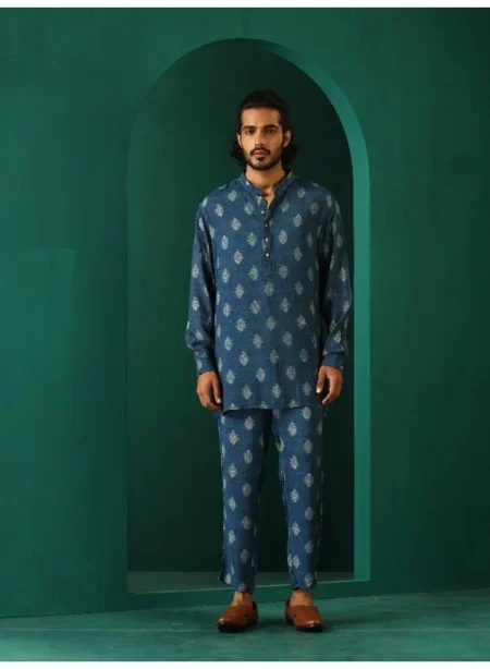 Men's Blue Floral Muslin Silk Printed Co-ord Set
