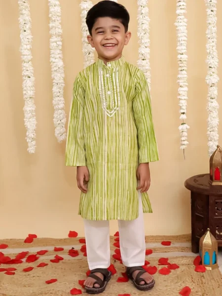 Pista color printed Kurta with white pajama set
