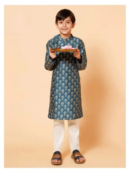 Teal blue Ethnic Motif printed Angrakha Kurta pajama set Specifications