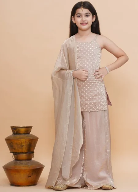 Beige Mirror Work Tissue Short Kurti with Palazzo & Dupatta