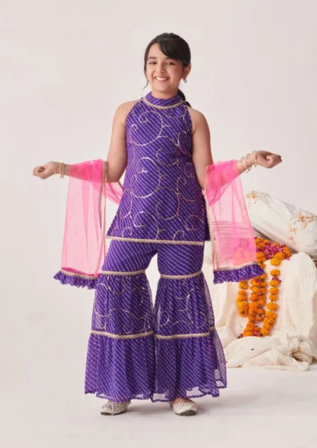 Purple sleeveless short Kurti Sharara set