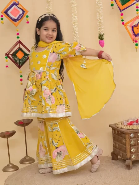 Mustard floral Kurti with Sharara pants and dupatta