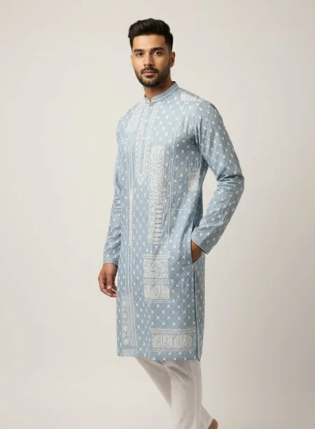 Men's Sky Blue Ethnic Motif Printed Kurta Set with White Pajama